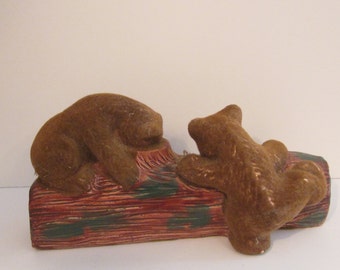 Sweet Vintage Flocked Bears Playing on Log