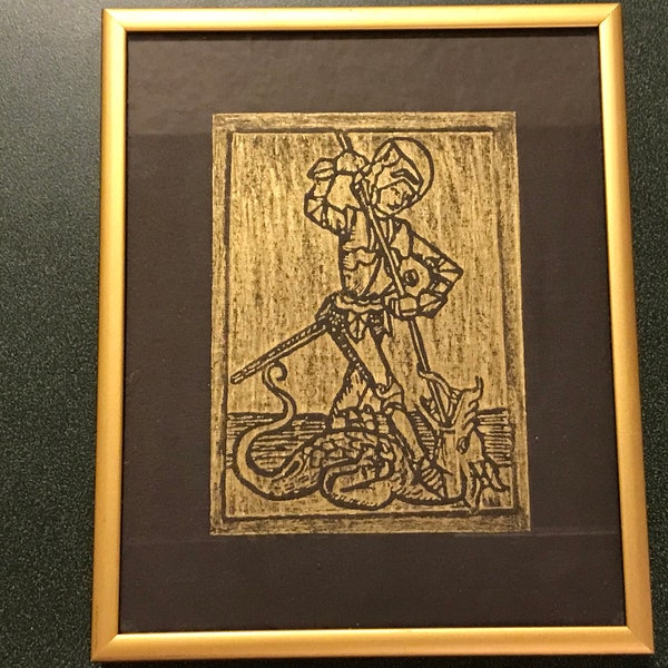 Brass Rubbing - St George Slaying the Dragon - Made in Edinburgh Scotland in 1982 by Ruth Brettle - Small 6 x 7 Inch Vertical Framed Art