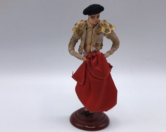 Vintage Matador Doll - Hand Stitched Facial Features - Mid Century Souvenir - Bullfighter Character on Original Wood Stand - Made in Mexico