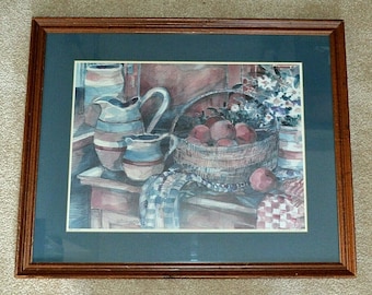 Signed Susan Winget Still Life - Framed 1986 Limited Edition Watercolor Print - Country Farm Tablescape - Apples Basket Flowers Pitchers