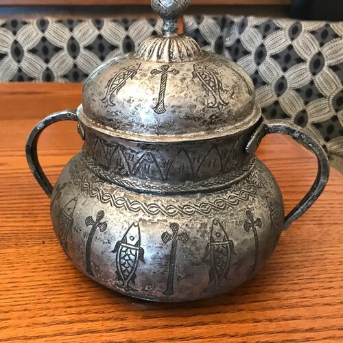Hand Hammered Greek Orthodox Pyx - Etched Pewter Religious Fish and Cross Symbols shops Lettering - Lidded and Double Handle Metal Art Container