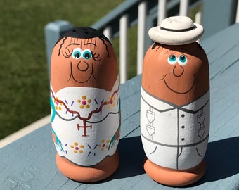 Hand Painted Salt and Pepper Shaker Couple - Mexican Man and Woman - Terra Cotta Clay Figures - Unused Vintage Souvenir Collectibles