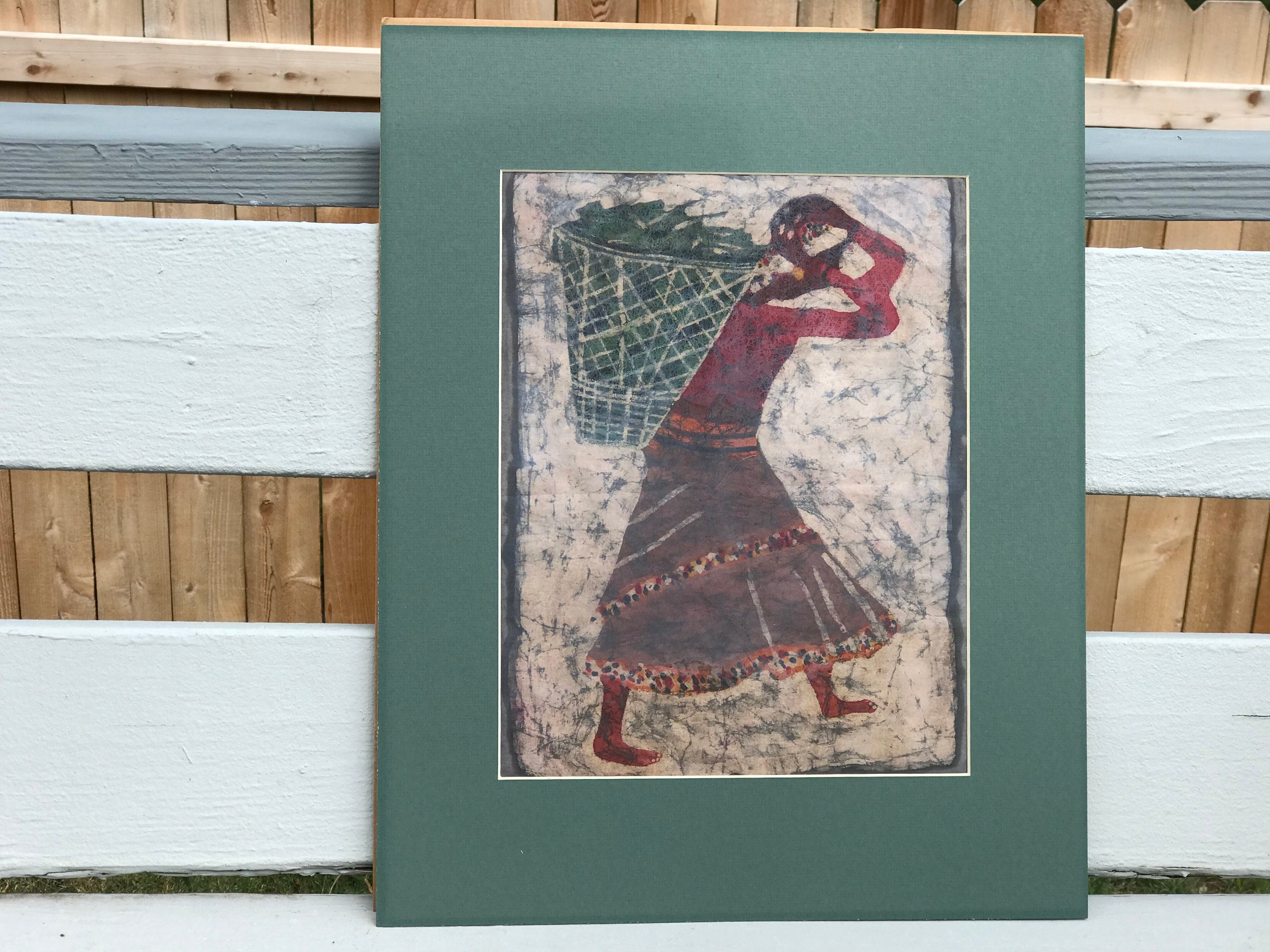 Batik Woman with Large Basket on Back - Vintage Textile Painting - Barefoot Lady in Ethnic Dress - Matted Unframed Fabric Folk Art