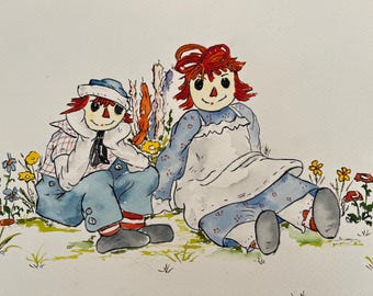 May include: Watercolor painting of two rag dolls sitting in a field of flowers. The dolls are wearing colorful clothing and have red hair. The background is a light blue sky with white clouds.