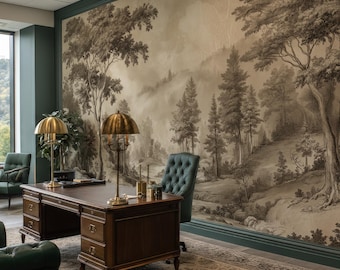 May include: An office interior featuring a large window with a scenic view and a detailed mural of a forest landscape. The room includes a dark wooden desk, green leather chairs, and brass lamps, creating a sophisticated and professional atmosphere.