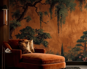 Ancient Grove Wallpaper Mural, Burnt Orange Rustic Wall Effect, Custom Size Peel and Stick Botanical Forest Wallpaper, Dark Academia Decor