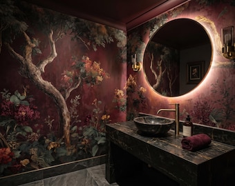 Moody Decadent Garden Mural – Vintage Enchanted Forest with Twisted Trees and Lush Florals on Deep Burgundy Background