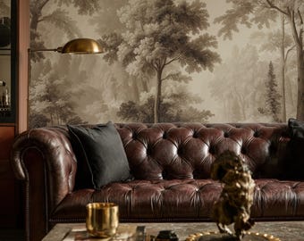 Sepia Forest Peel and Stick Wallpaper, Vintage Landscape Mural