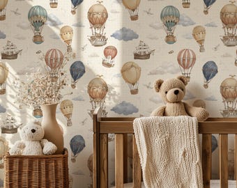 Vintage Watercolor Hot Air Balloon Wallpaper Mural, Kids Nursery Decor