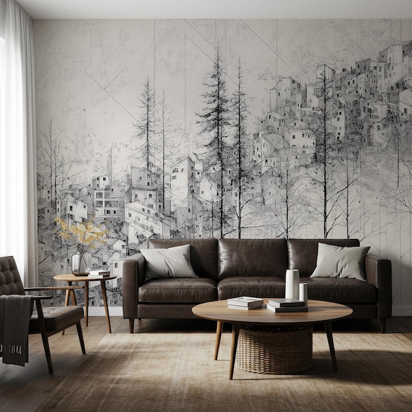 Mural de paisaje urbano abstracto, pueblo de montaña con bocetos, papel pintado arquitectónico monocromático, decoración de pared minimalista