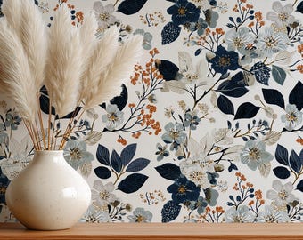 Navy Terracotta Floral Wallpaper, Bold Botanical Peel and Stick