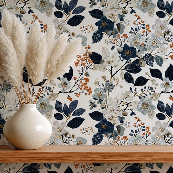 Navy and Terracotta Floral Wallpaper, Modern Botanical Pattern, Dark Academia Wall Decor, Removable Wallpaper