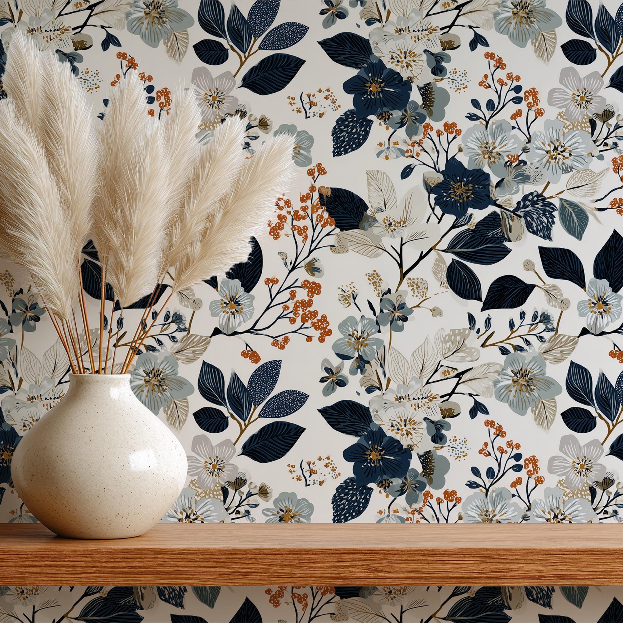 Navy and Terracotta Floral Wallpaper, Modern Botanical Pattern