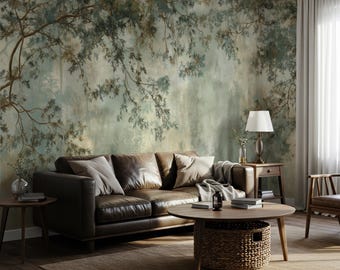 Saliegroen botanische Peel and Stick behang, zachte boomtak muur muurschildering, Japandi natuur behang, minimale botanische kunst aan de muur