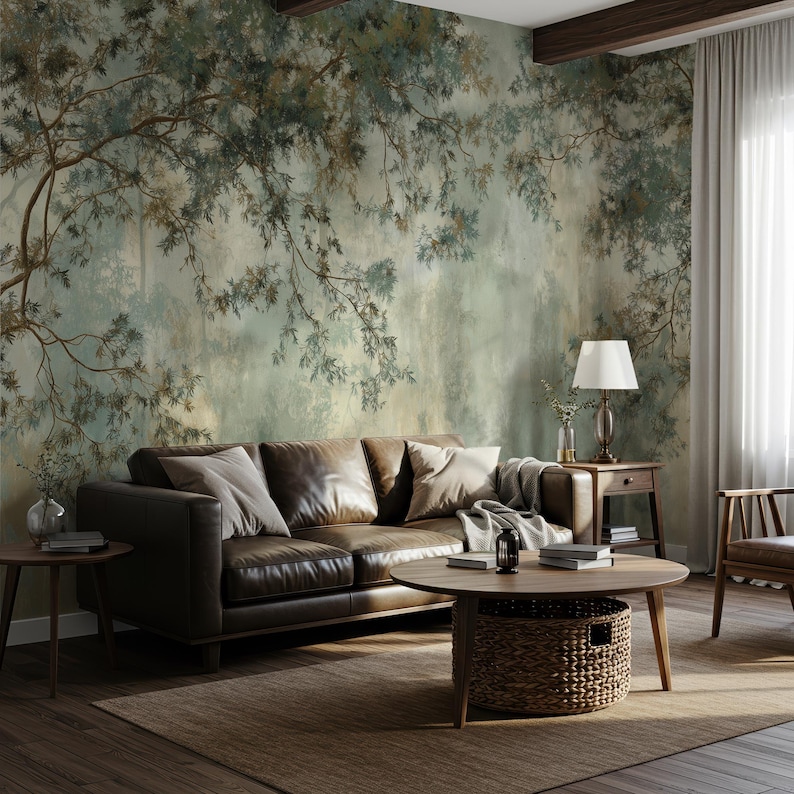 Sage Green Botanical Peel and Stick Wallpaper, Soft Tree Branch Wall ...