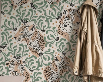 Leopard Floral Wallpaper, Art Nouveau Jungle Animal Wall Decor
