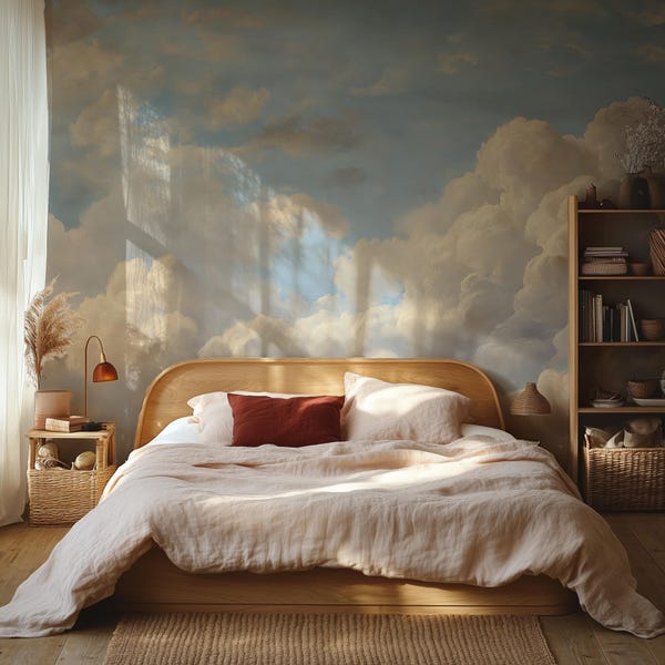 Soft Blue Cloudscape Mural Wallpaper, Vintage Oil Painting Style Wall Decor, Removable Peel and Stick