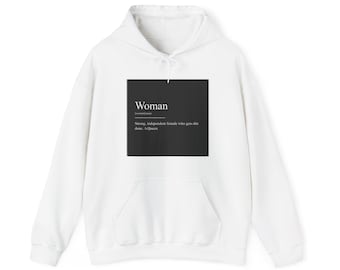 Moletom com capuz com a definição de mulher | Moletom com capuz com citação feminista, design minimalista em preto e branco