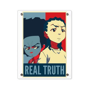 Sztuka ścienna z akrylu, wystrój z kreskówki Boondocks Huey i Riley Freeman, wydruk na panelu Truth, sztuka hip-hopowa Afroamerykanów, zabawny znak pokoju dla nastolatków,