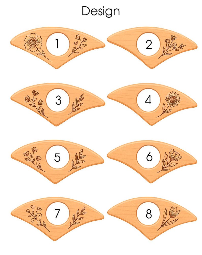 K&ouml;nnte beinhalten: Acht f&auml;cherf&ouml;rmige Buchseitenhalter aus Holz, jeweils mit einer zentralen kreisf&ouml;rmigen &Ouml;ffnung und einem einzigartigen floralen oder botanischen Design. Das Wort "Design" steht oben. Jeder Halter ist von 1 bis 8 nummeriert.