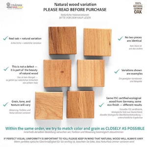 Puede incluir: Imagen que muestra variaciones de madera natural. El texto dice: "Variaci&oacute;n de madera natural, por favor, lea antes de comprar". Destaca que el roble real es una variaci&oacute;n natural y que no hay dos piezas id&eacute;nticas. La veta, el tono y la textura variar&aacute;n.