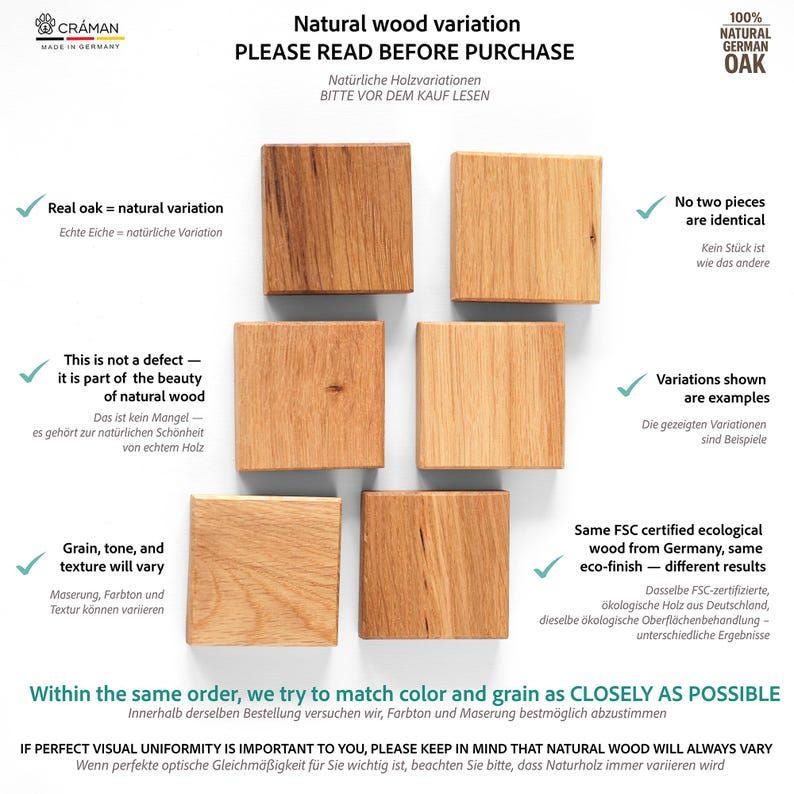 Puede incluir: Imagen que muestra variaciones de madera natural. El texto dice: "Variaci&oacute;n de madera natural, por favor, lea antes de comprar". Destaca que el roble real es una variaci&oacute;n natural y que no hay dos piezas id&eacute;nticas. La veta, el tono y la textura variar&aacute;n.