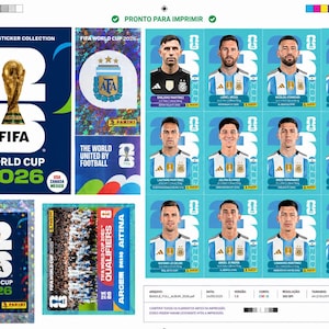 Puede incluir: Una hoja de impresi&oacute;n digital con la colecci&oacute;n oficial de pegatinas de la Copa Mundial de la FIFA 2026. Incluye un logotipo grande, un emblema de equipo y doce pegatinas individuales de jugadores de la selecci&oacute;n argentina.