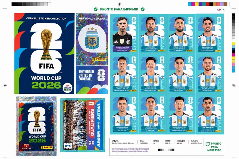 Puede incluir: Una hoja de impresi&oacute;n digital con la colecci&oacute;n oficial de pegatinas de la Copa Mundial de la FIFA 2026. Incluye un logotipo grande, un emblema de equipo y doce pegatinas individuales de jugadores de la selecci&oacute;n argentina.