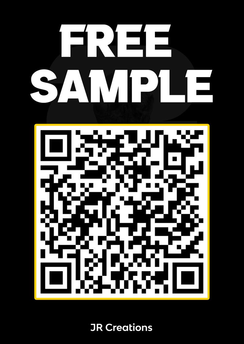 Puede incluir: Un gr&aacute;fico negro que presenta el texto blanco FREE SAMPLE en la parte superior y el texto JR Creations en la parte inferior. Centrado hay un c&oacute;digo QR cuadrado con un borde amarillo, compuesto por un patr&oacute;n pixelado en blanco y negro.