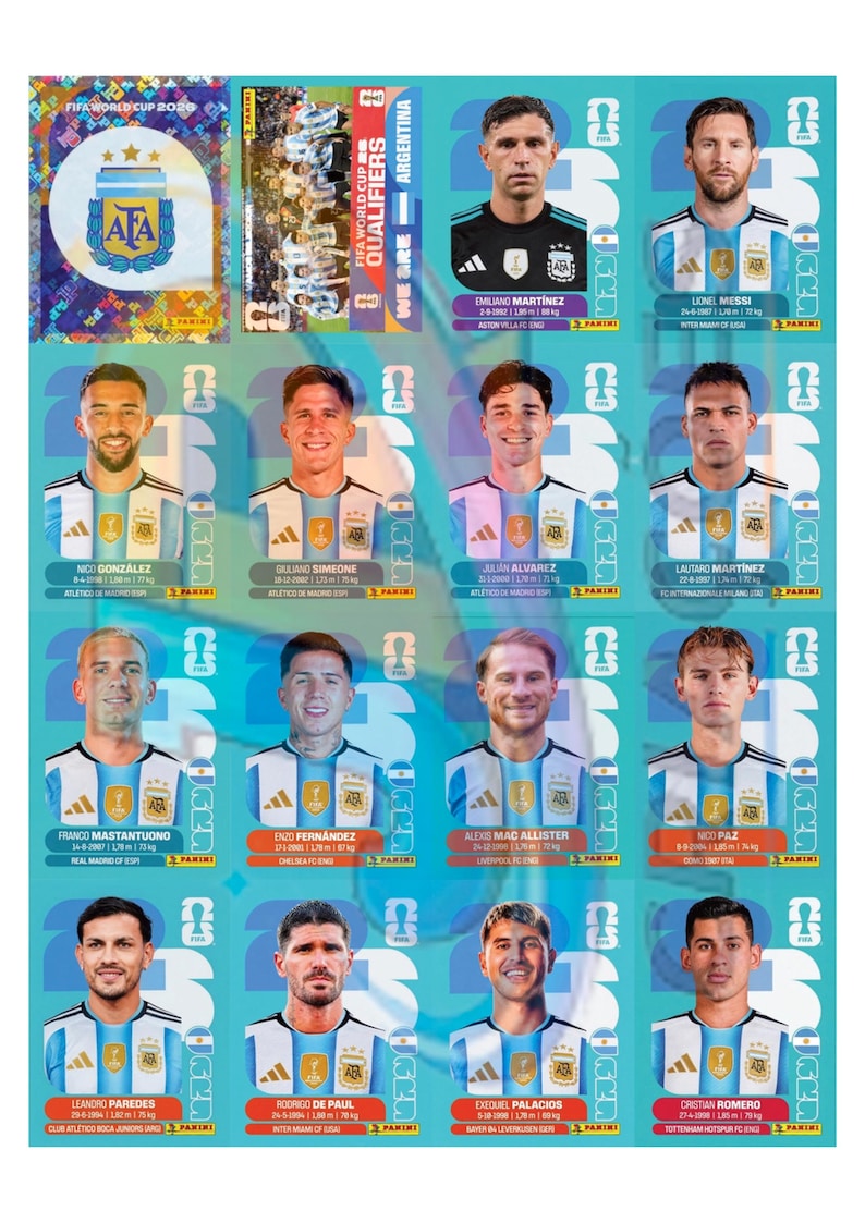 Puede incluir: Una colecci&oacute;n de cromos de jugadores de f&uacute;tbol de Argentina para la Copa Mundial de la FIFA 2026 de Panini, con retratos de atletas como Lionel Messi, Emiliano Martinez y Julian Alvarez, con logotipos, nombres y estad&iacute;sticas sobre fondo azul.