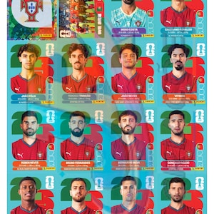 Puede incluir: Una hoja de pegatinas Panini FIFA World Cup 2026 con la selecci&oacute;n nacional de Portugal. Incluye un escudo del equipo, una foto de grupo y retratos individuales de jugadores como Cristiano Ronaldo, Jo&atilde;o F&eacute;lix y R&uacute;ben Dias con sus nombres.