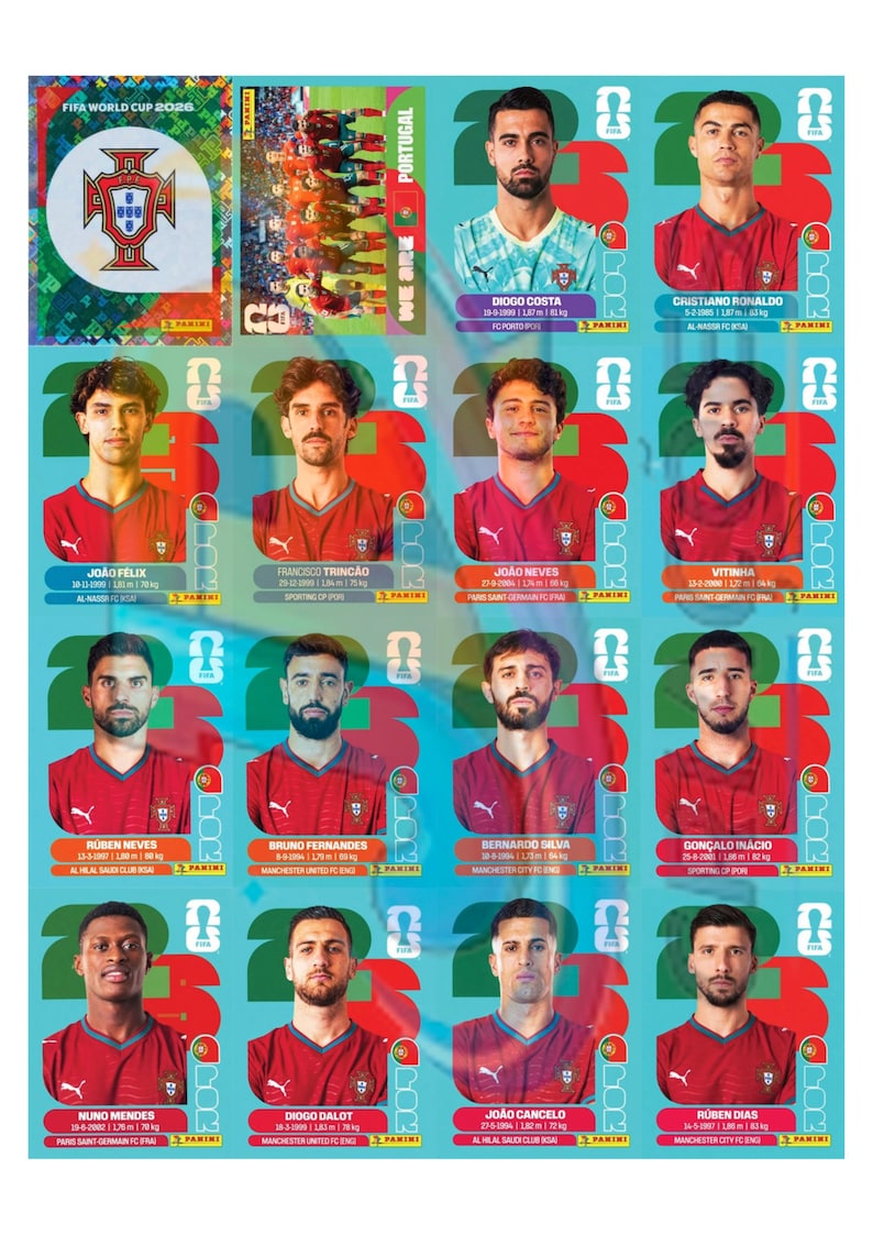 Puede incluir: Una hoja de pegatinas Panini FIFA World Cup 2026 con la selecci&oacute;n nacional de Portugal. Incluye un escudo del equipo, una foto de grupo y retratos individuales de jugadores como Cristiano Ronaldo, Jo&atilde;o F&eacute;lix y R&uacute;ben Dias con sus nombres.