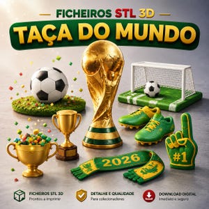 Könnte beinhalten: Eine digitale Illustration mit Fußball-Themen. Enthält eine goldene Trophäe, einen Fußball, ein Tor, Fußballschuhe und einen Schaumstoff-Finger. Das Bild zeigt auch einen Schal mit "2026" und dem Text "TAÇA DO MUNDO".