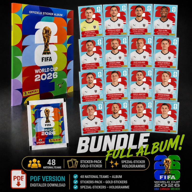 Puede incluir: Un &aacute;lbum de cromos Panini FIFA World Cup 2026 y un paquete de cromos a juego, acompa&ntilde;ados de diecis&eacute;is cromos individuales de jugadores con retratos de atletas en camisetas blancas. La portada del &aacute;lbum muestra el logo y el trofeo.