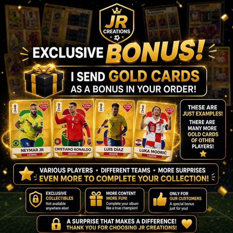 Puede incluir: Un gr&aacute;fico promocional de JR Creations con tarjetas coleccionables de f&uacute;tbol doradas de Neymar Jr, Cristiano Ronaldo, Luis D&iacute;az y Luka Modrić. El texto dice Exclusive Bonus, I send gold cards as a bonus in your order, y varios mensajes sobre completar colecciones con art&iacute;culos exclusivos.