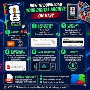 Puede incluir: Una infograf&iacute;a instructiva titulada How to Download Your Digital Archive on Etsy, que presenta seis pasos numerados para acceder a una colecci&oacute;n digital de pegatinas de la FIFA World Cup 2026. El fondo azul muestra iconos, texto y flechas que gu&iacute;an al usuario para iniciar sesi&oacute;n, encontrar pedidos y descargar el archivo PDF.