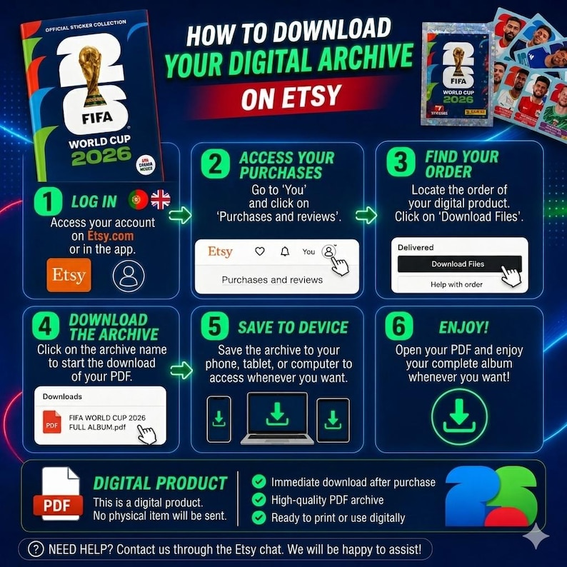 Puede incluir: Una infograf&iacute;a instructiva titulada How to Download Your Digital Archive on Etsy, que presenta seis pasos numerados para acceder a una colecci&oacute;n digital de pegatinas de la FIFA World Cup 2026. El fondo azul muestra iconos, texto y flechas que gu&iacute;an al usuario para iniciar sesi&oacute;n, encontrar pedidos y descargar el archivo PDF.