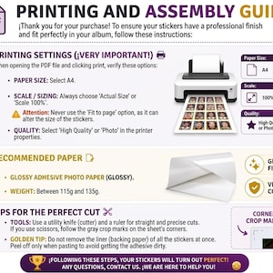 Puede incluir: Una gu&iacute;a de impresi&oacute;n y montaje para pegatinas con tres secciones: ajustes de impresi&oacute;n con un icono de impresora, tipos de papel recomendados como papel fotogr&aacute;fico adhesivo brillante y consejos de corte con c&uacute;ter y regla.