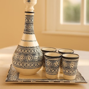 Puede incluir: Un juego de té de cerámica blanca con un patrón geométrico negro. Incluye una jarra, cuatro vasos pequeños y una bandeja rectangular. El diseño es un patrón repetitivo de cuadrados y líneas.