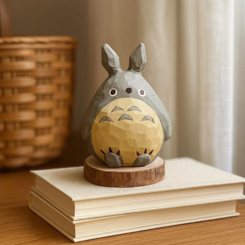 May include: A hand-carved wooden Totoro figurine, painted in gray and yellow, sits on a small wooden base atop two books. The figurine has large eyes and a detailed belly. The background includes a woven basket and a curtain.
