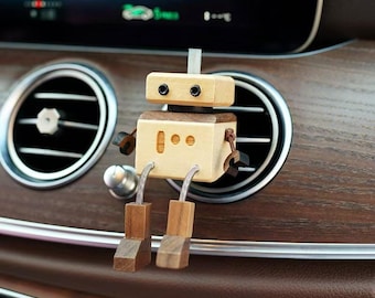 Cute Wooden Robot Car Diffuser – Essential Oil Aromatherapy Bottle for Car Vent, Robot Air Freshener, Unique Car Accessory Gift