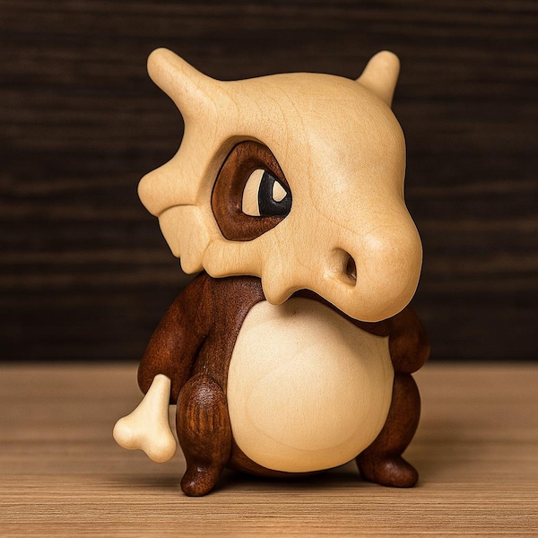 Handcrafted Wooden Dinosaur Figurine – Natural Wood Collectible Gift for Pokémon Fans – Cute Cubone-Inspired Desk Sculpture