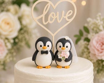 Penguin Wedding Cake Topper With LOVE Sign, Cute Couple Figurines, Handmade Anniversary Cake Decor