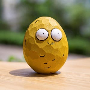 Puede incluir: Una escultura de madera amarilla en forma de huevo con una cara de dibujos animados. La escultura presenta ojos grandes y blancos, una pequeña sonrisa y una superficie texturizada. La figura en forma de huevo está sobre una superficie de madera con un fondo verde borroso.