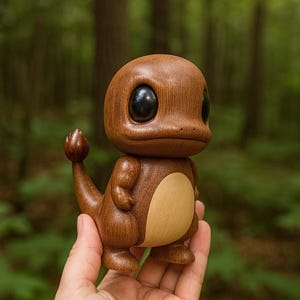 Puede incluir: Figura de madera de Charmander con un acabado liso y pulido. La figura es principalmente marrón con una barriga beige más clara. Tiene ojos grandes y negros y una pequeña cola en forma de llama. Fondo verde borroso.