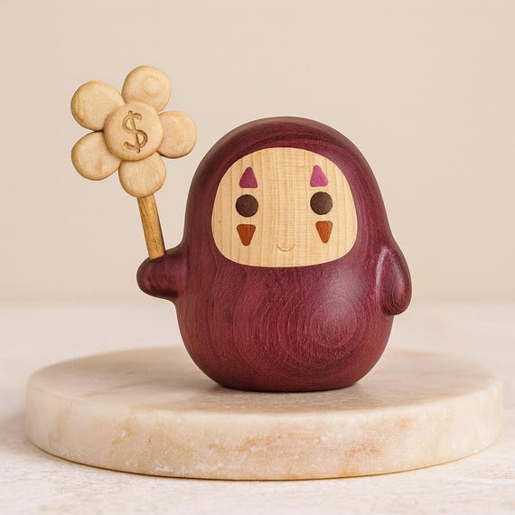 Handmade No-Face Wooden Figurine Ornament – Spirited Away Inspired Cute Desk Decoration with Money Flower, Ghibli Gift