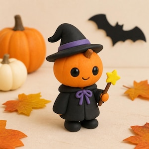 May include: A small figurine of a pumpkin-headed character wearing a black witch hat with a purple band and a black cloak tied with a purple bow. The character has black eyes, a small smile, and holds a yellow star-shaped wand in one hand.