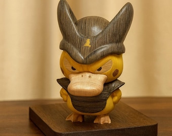 Handgemaakt houten Psyduck-beeldje – door samoerai geïnspireerd bureaubeeldhouwwerk – uniek verzamelobject voor Pokémon-fans