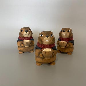 Handcrafted Wooden Groundhog Figurine – Cute Coffee Lover with Red Scarf, Rustic Handmade Animal Decor for Home or Office Display