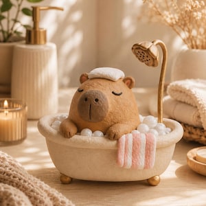 Puede incluir: Una figura caprichosa de un carpincho relajándose en una bañera. El carpincho marrón lleva un paño blanco y tiene los ojos cerrados. La bañera blanquecina tiene patas doradas y una toalla a rayas rosas y blancas. Una alcachofa de ducha dorada está encima de la bañera.